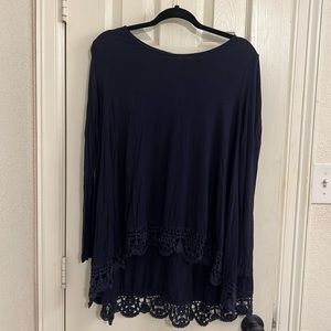 Navy High-Low Blouse with Lace Detail